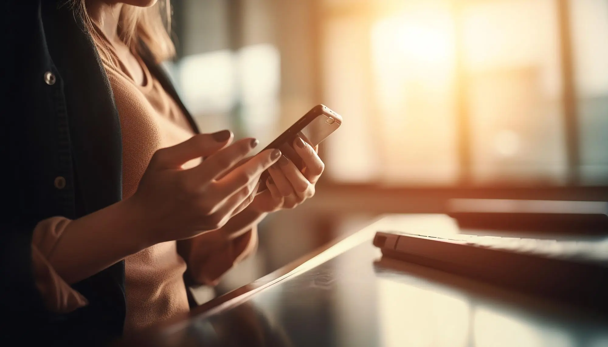 Frau bedient ihr Smartphone an einem sonnendurchfluteten Schreibtisch