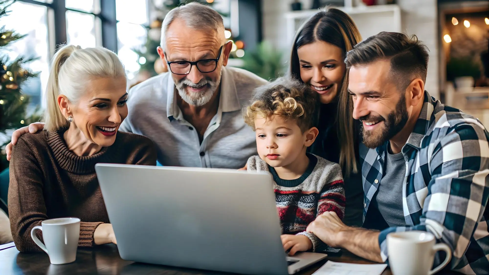 Mehrere Generationen einer Familie schauen gemeinsam auf einen Laptop